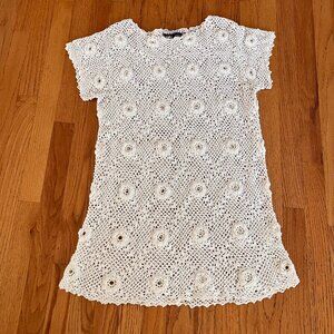 Jaeger London Crocheted  Mini Dress Tunic Size XL Cream Cottage Core Beach *READ
